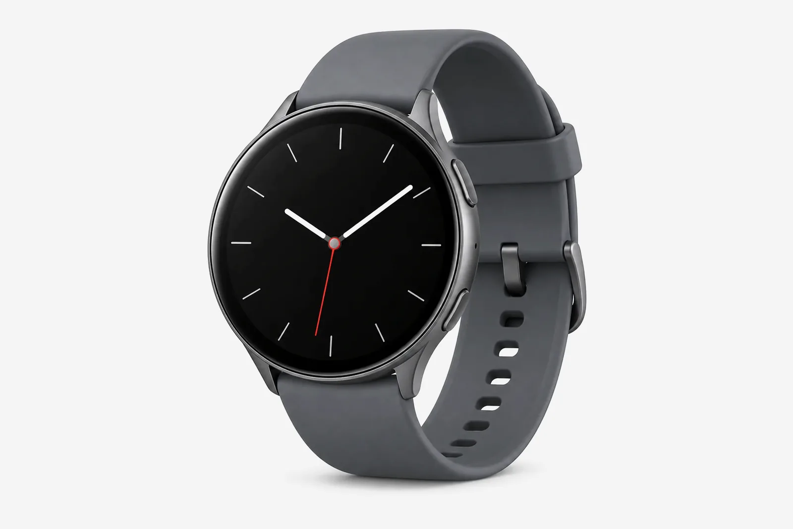 Smartwatch mit runder Anzeige und dunklem Sportarmband auf hellem Hintergrund