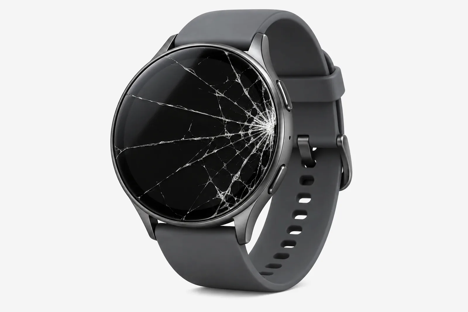 Smartwatch mit gesprungenem Displayglas auf hellem Hintergrund