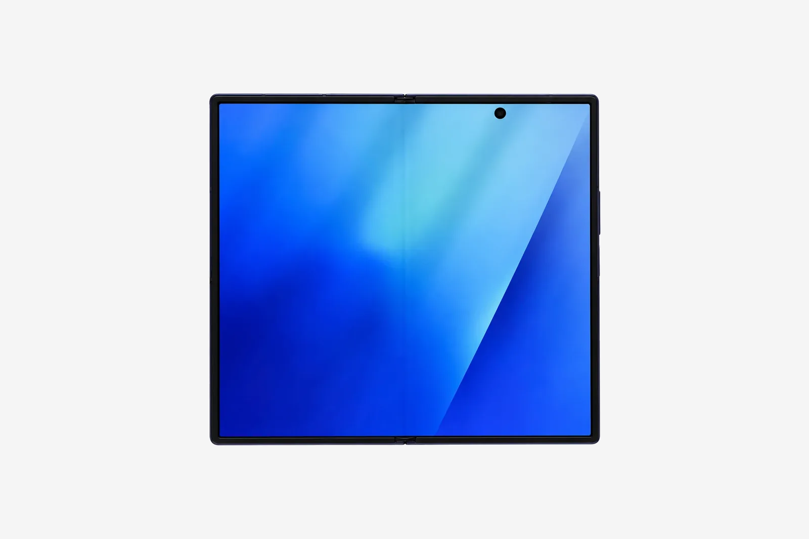 Geöffnetes Samsung Galaxy Z Fold7 mit blauem Innendisplay auf hellgrauem Hintergrund
